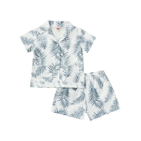 

Canrulo Toddler Kids Boys 2pcs Clothes Leaves Printed Short Sleeve Single Breasted Shirts Tops Shorts Sets Dusty Blue 18-24 Months
