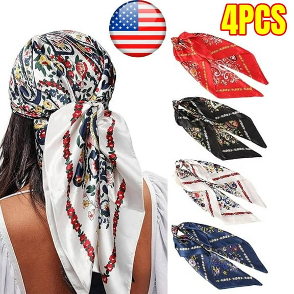 4PCS Silk Feeling Head Scarf for Women Square Neck Satin Bandana for Bag Hair Scarves Gift