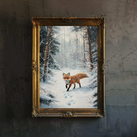 Fox in Snow Poster Cottagecore Decor Dark Academia Art Enchanted Winter Illustration Vintage Nature Wall Art Rustic Aesthetic