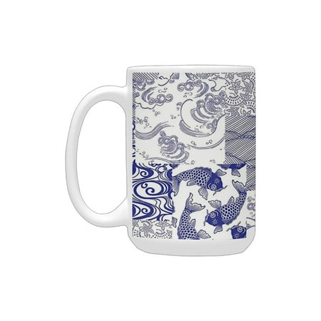 

Japanese Decor Collection Stylized Japanese Patchwork Arts and Craft Pattern with Nature Botanic Wil Ceramic Mug (15 OZ) (Made In USA)