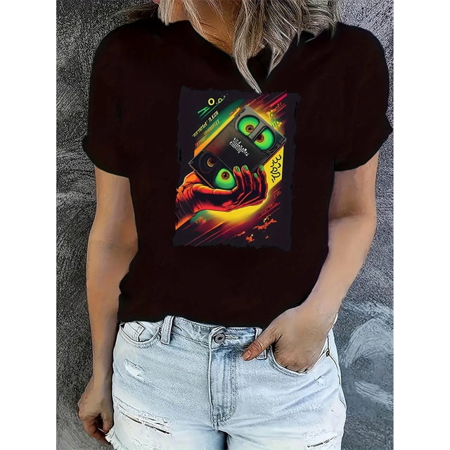 Camiseta básica para mujer verano SuaveWomen'S Casual Crew Neck T-Shirt with Geometric Vinyl Print, Polyester 95% Spandex 5% Knit Fabric, Medium Stretch, All Season Fashion TopFather's Day, Mother's