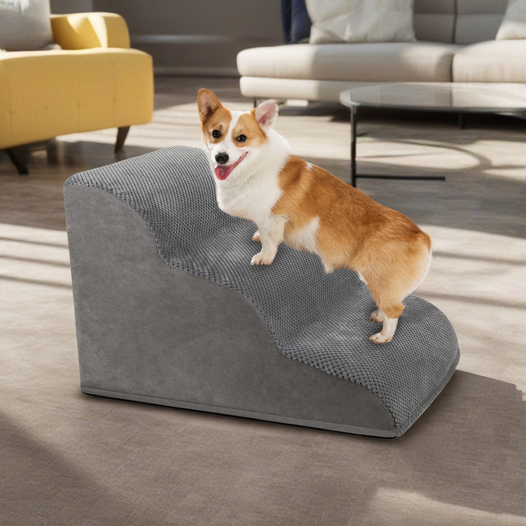 Kadyn 23" Pet Stairs for Small Dogs, 3-Step Dog Ramp for Beds and Couch, Non-Slip Balanced Indoor Step, Gray