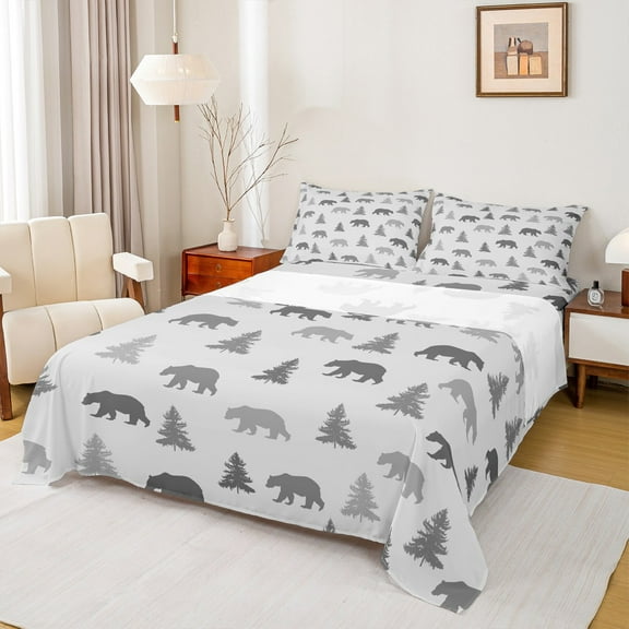 Manfei Wildlife Animal Bear Twin Sheet Sets,Tropical Botanical Pine Twin Fitted Sheet,Rustic Western Farmhouse Flat Sheet For Boys,Ultra Soft Home Decor,3 Pieces