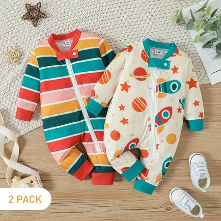 

PatPat 2-Pack Baby Boy/Girl Long-sleeve Zipper Graphic Jumpsuits Set