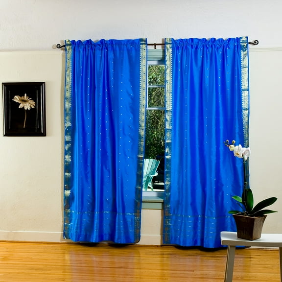 Blue Rod Pocket Sheer Sari Curtain / Drape / Panel - 80W x 84L - Pair