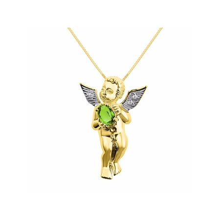 Lucky 14k Necklace Diamond & Peridot Lucky Guardian Angel Cherub Pendant Necklace Set In Set in 14K Yellow Gold With 18