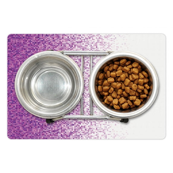 Magenta Pet Mat for Food and Water, Computer Art Style Tile Mosaic Squared Complex Pixel Party Mix Concept, Non-Slip Rubber Mat for Dogs and Cats, 18" X 12", by Ambesonne