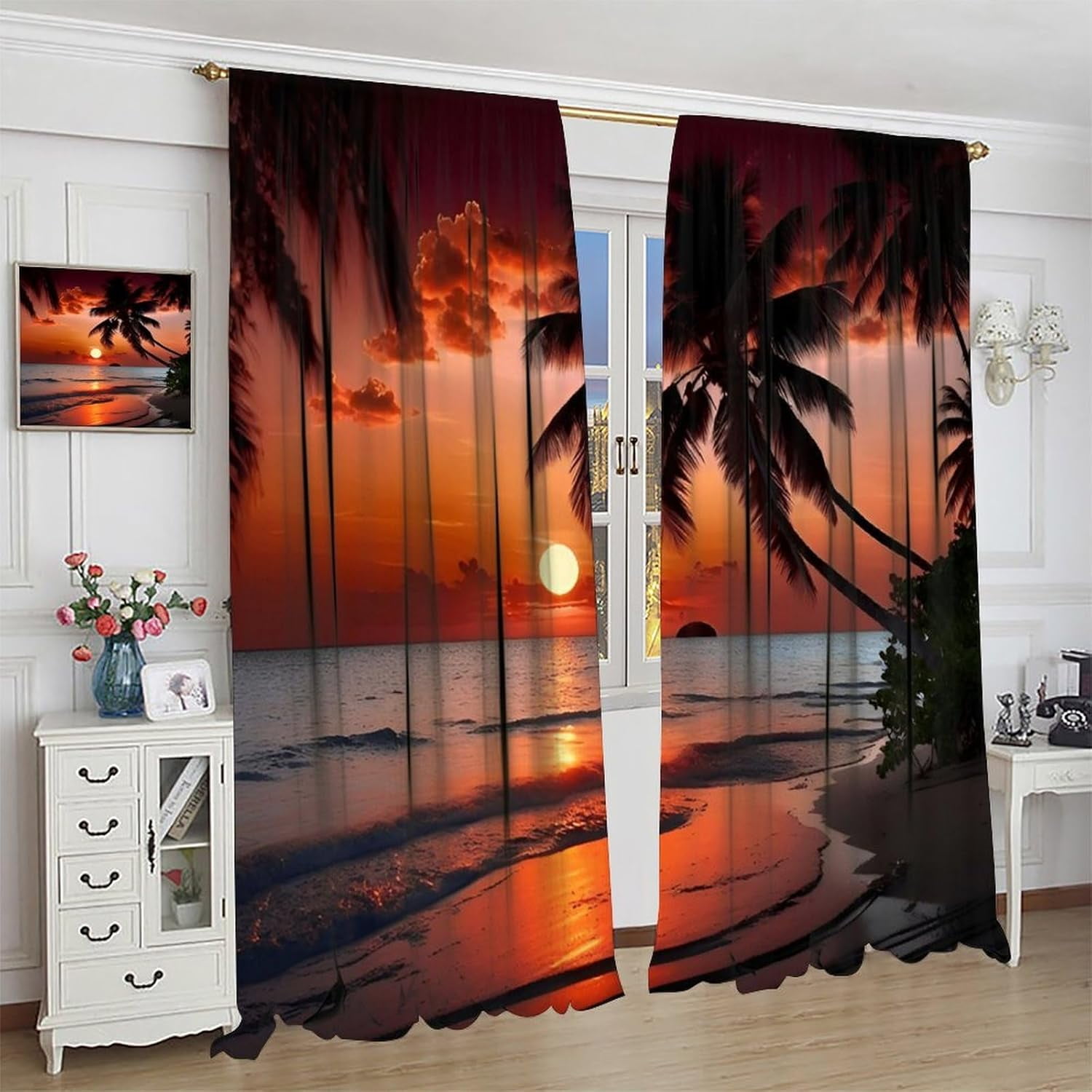 Beach Sunset Curtains for Kitchen, Summer Ocean Palm Tree Tropical Desert Island Orange Sunset Scenery Blackout Window Drapes for Bedroom Living Room, 84" W X 84" L