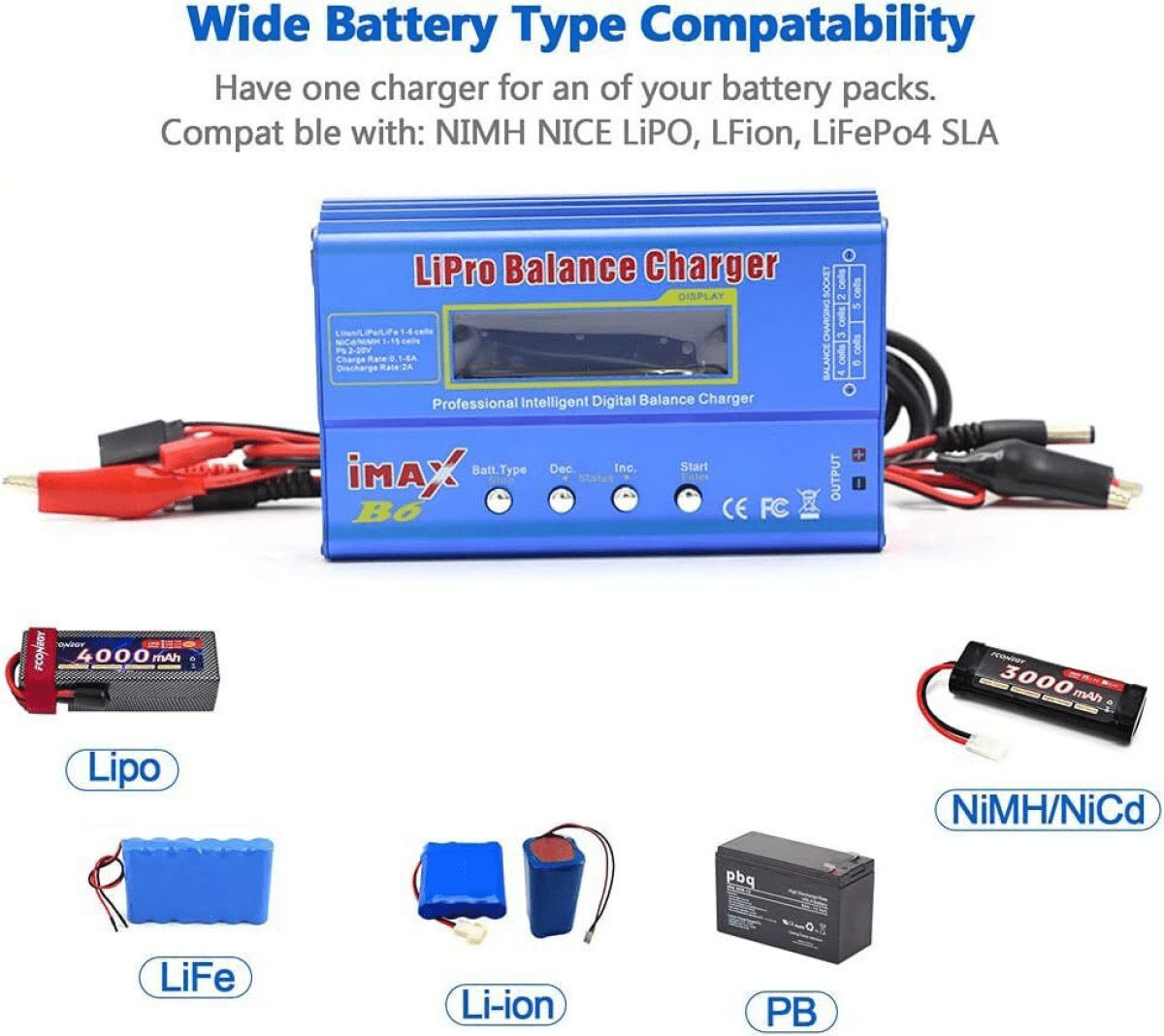B6 80W 6A Lithium Battery Balance Charger - Multi-Function Charger for LiPo, Li-Ion, NiMH, NiCd, and Lead Batteries with LCD Display and Safety Protections