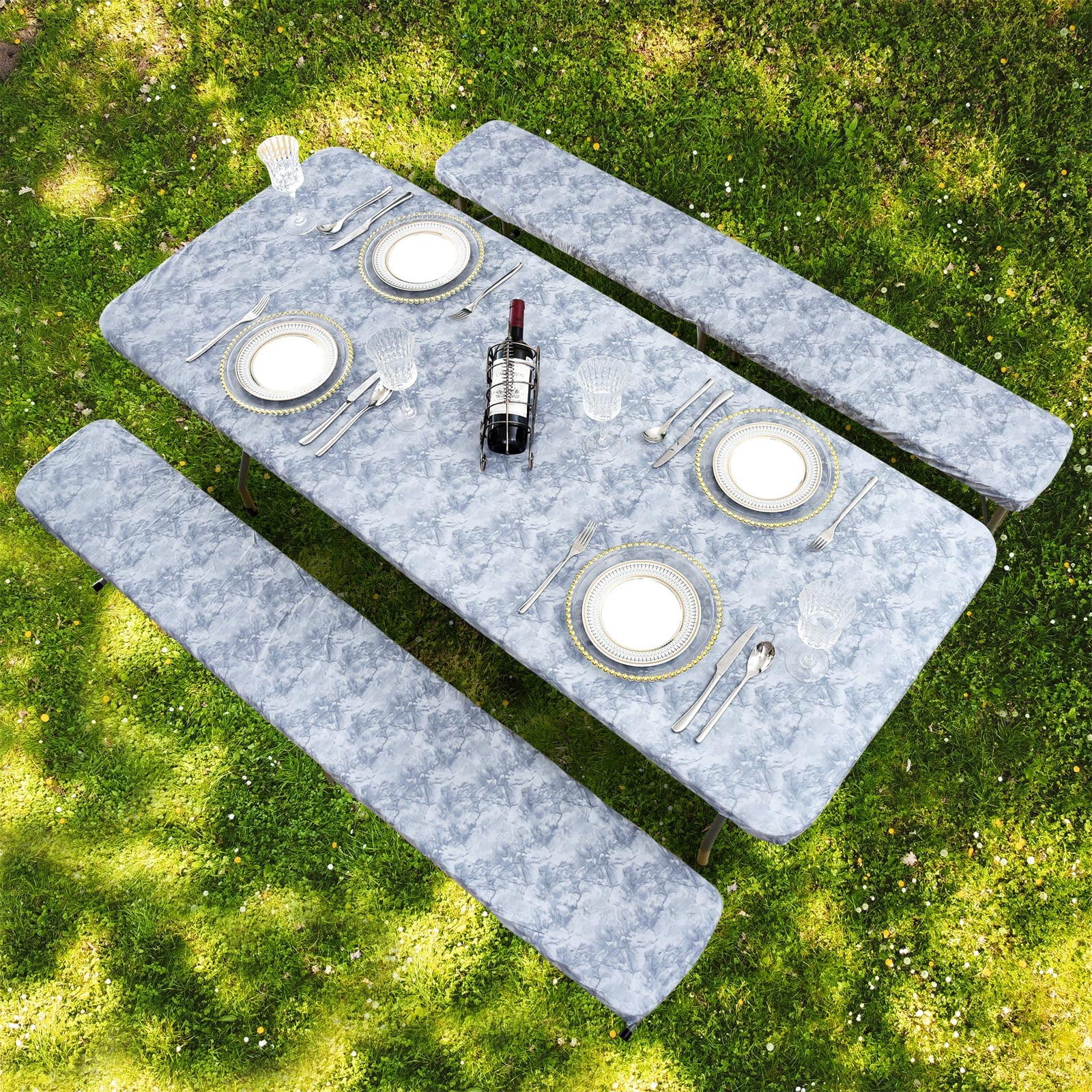 3PCS Picnic Table & Benches Cover, Fitted Tablecloth with Bench Covers