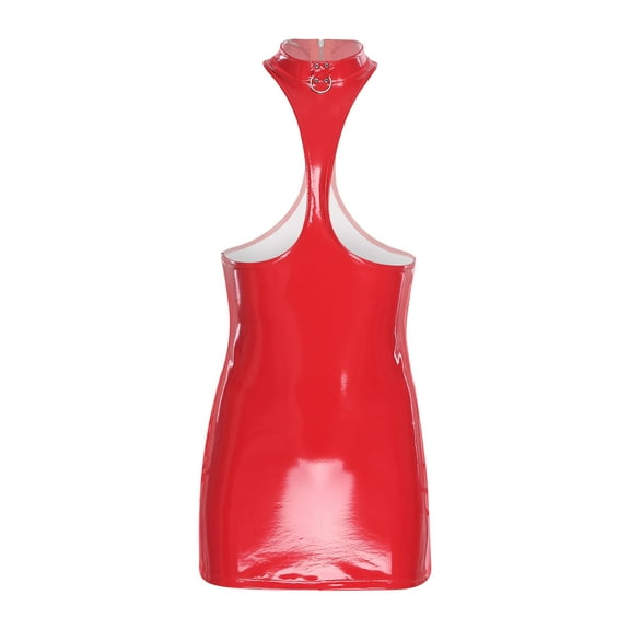 YiZYiF Women's Latex Faux Leather Wet Look Bodycon Dress Hollow Out Rave Nightclub Party Mini Dress Red L