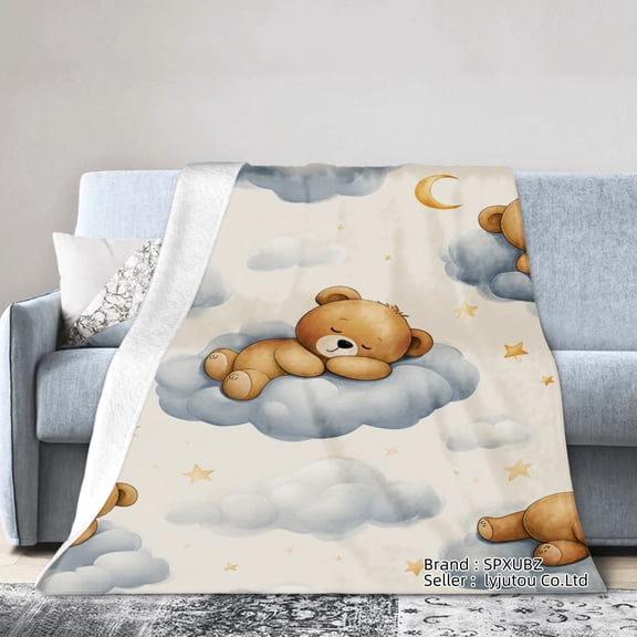Spxubz Flannel Throw Blanket With Cute Teddy Bear Sleeping On Clouds And Stars Design For Gift Home Sofa Bed Decoration 80x60 inch