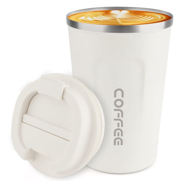 Vaso aislado al vacío de acero inoxidable de 12 oz – Taza de viaje de café a prueba de derrames con tapa – Taza térmica para mantener café, té y cerveza caliente/helado (blanco)