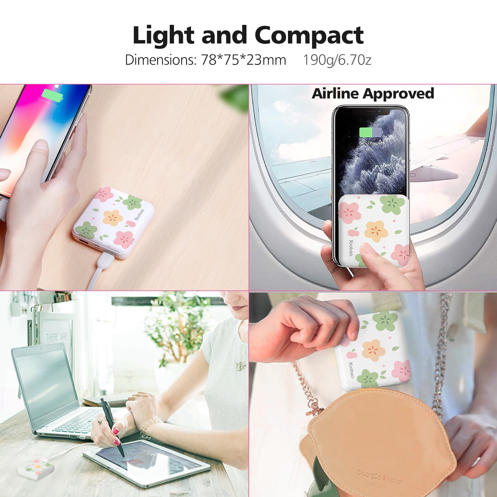 Portable Charger 10000mAh, Yoobao Cute Power Bank for Girls Mini Fast Charging Compact Battery Pack with Dual USB Output & Inport (2.1A Type-C and 8-Pin Input), Compatible with iPhone, iPad-White