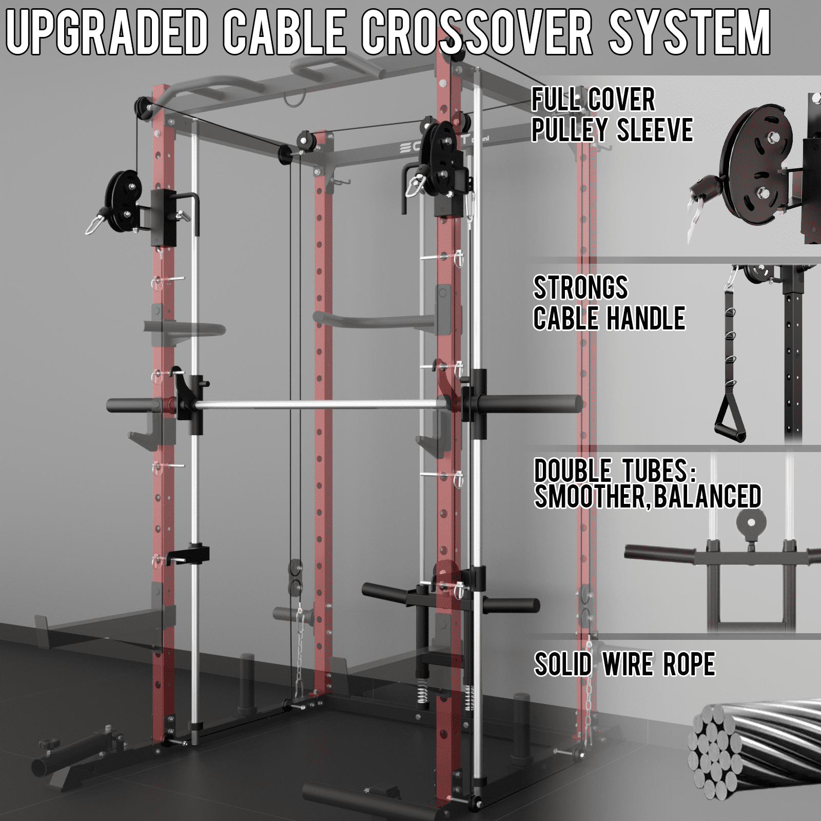 Eonfit E3 Smith Machine for Home Gym Equipment, Multi-Function Power Cage Squat Rack with Cable Crossover LAT Pulldown Pulley System All in One (E3 RED STD)
