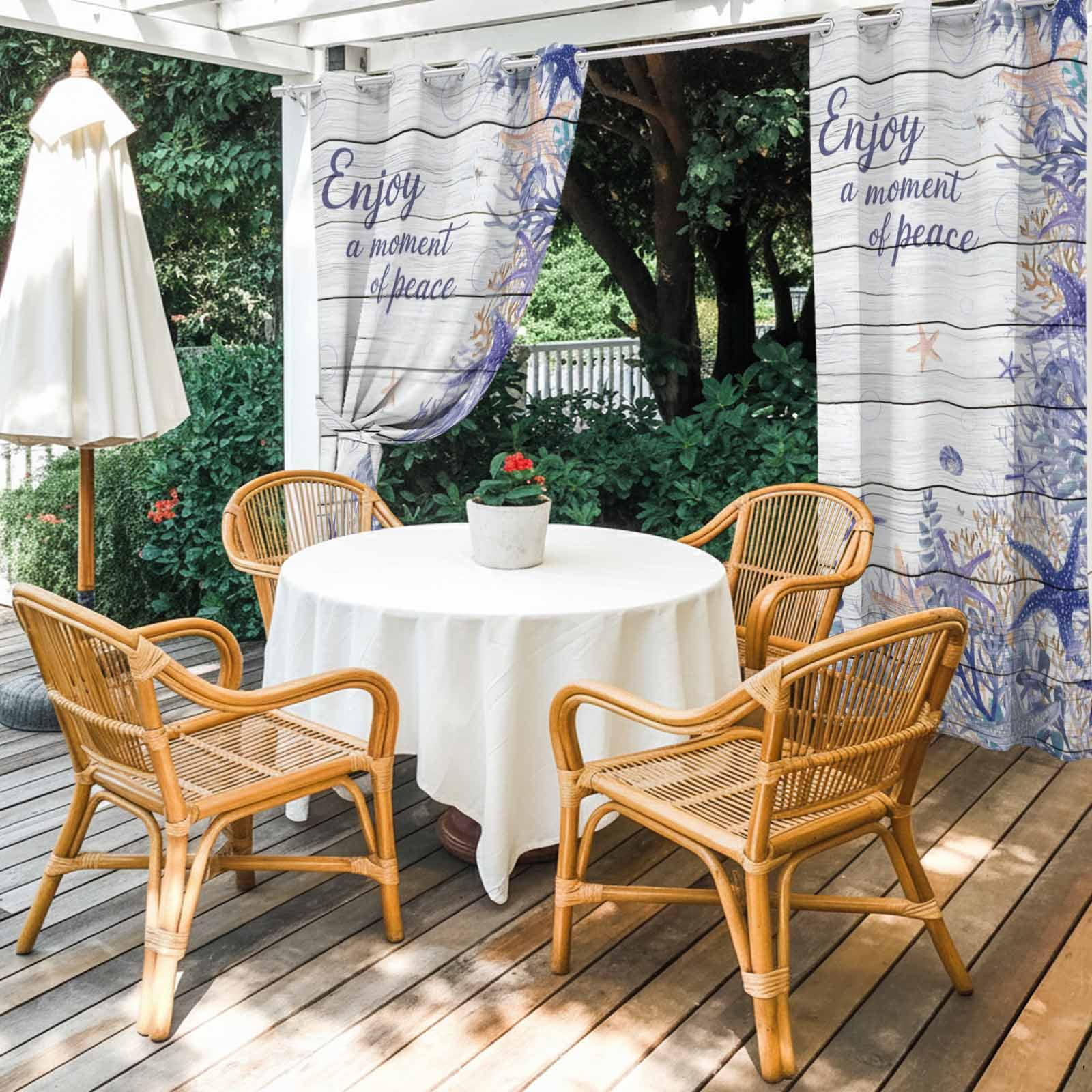 Purple Ocean Outdoor Curtains for Patio, Enjoy A Moment of Peace Beach Starfish Shell Wood Grain Sunshade Privacy Drapes Grommet Waterproof Outside Curtains for Porch Balcony 54"x 108", 1 Panel