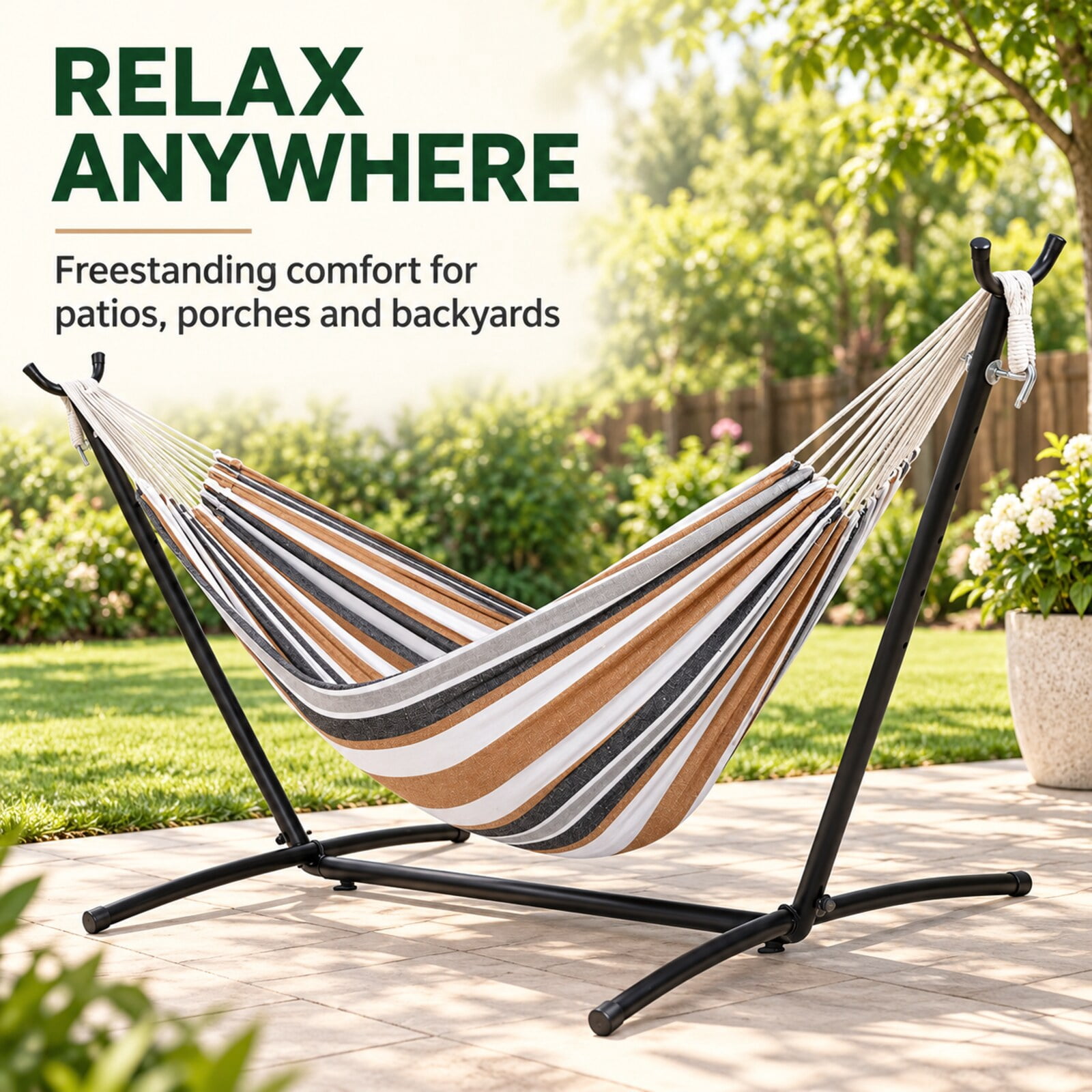 Inolait Portable Double Hammock with Stand, 2-Person Outdoor Hammock with Carrying Bag Stripe Pattern