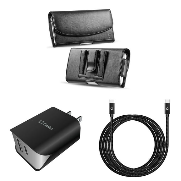 Holster and Wall Charger Bundle for Schok Freedom Turbo XL 2022: Professional PU Leather Belt Pouch Case (Black) and UL Certified 18W Dual USB Port (Type-C & USB-A) Power Adapter