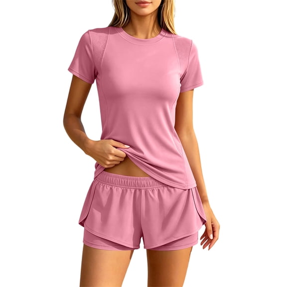Guluxicc 2 Piece Women's Workout Outfit Sets Crew Neck Athletic T Shirts Quick Dry 2-in-1 Layer Shorts Casual Activewear for Gym Wear Running Yoga