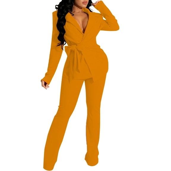 UAMVSH Women Work 2 Piece Outfits Casual Long Sleeve Open Front Cardigan Blazers and Pantsuits with Belt Ladies Business Suits Sets(X-LargeYellow)