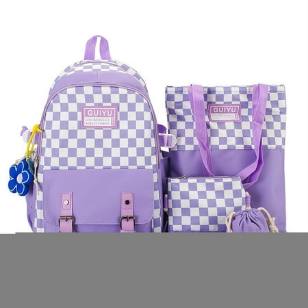 

School Bags Set | 5pcs Plaided Kawaii Backpacks Kit | Aesthetic School Bags with Pendant Lunch Bag Pencil Case Handbag for Girls