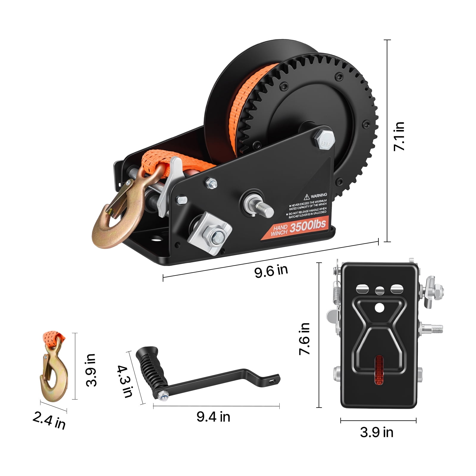 KFFKFF 3500 lbs Manual Boat Winch with 20ft Orange Polyester Strap, Two-Way Ratchet, 2-Speed Switch, and Anti-Slip Handle for Trailer and ATV Towing