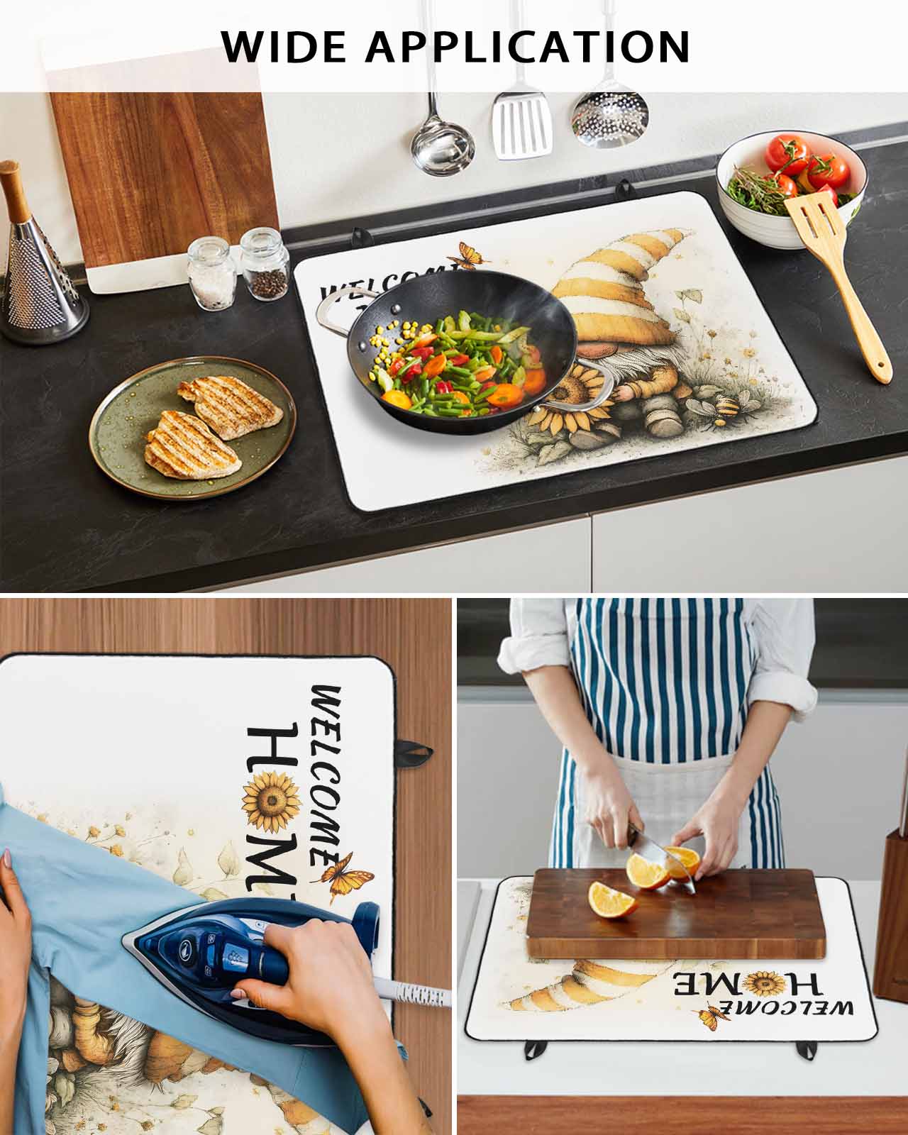 nqOlkjepod Large Induction Cooktop Protector Mat 24"x21", Yellow Gnomes Stove Top Covers for Electric Stove, Sunflower Bee Pastoral Botanical Retro Stove Burner Cover Mats, Glass Top Stove Cover