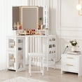 thumbnail image 2 of Corner Vanity Desk with LED Lighted Mirror, 3 Color Lighting Modes Makeup Vanity with Stool, Cabinet & Power Outlet, Modern Dressing Table for Bedroom, 2 of 6