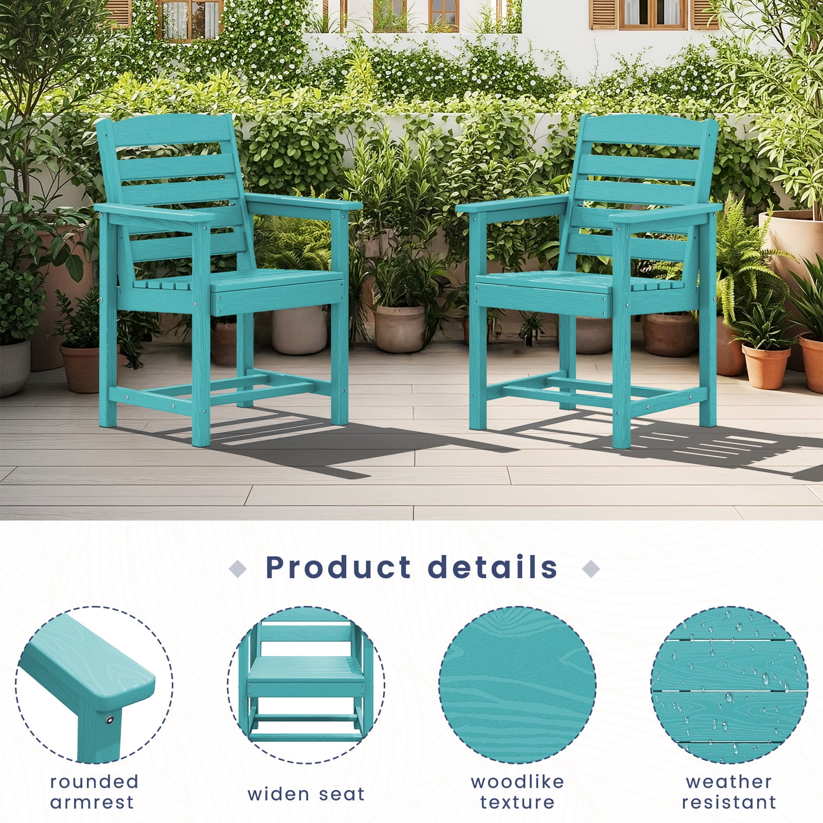 SERWALL Patio Dining Chair Set of 2,HDPE Outdoor Dining Chairs, Aruba Blue