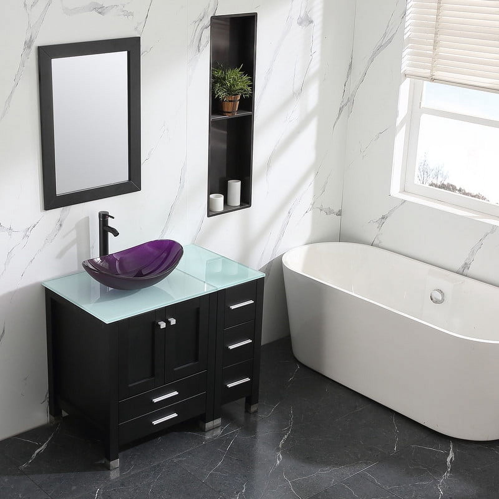 Walsport 36" Luxurious Bathroom Vanity with Purple Tempered Glass Vessel Sink Bowl and Countertop and Mirror and Faucet,Stand Floor Cabinet Bathroom Storage Vanity with Pop Up Drain,Black