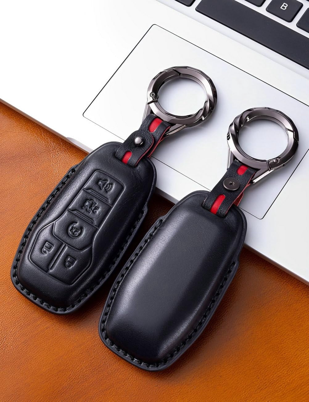 for Ford Key Fob Cover Leather Key Fob Holder 5 Button Car Smart Remote Key Case Keychain Compatible with Mustang Explorer F150 Fusion Edge Lincoln MKZ MKC