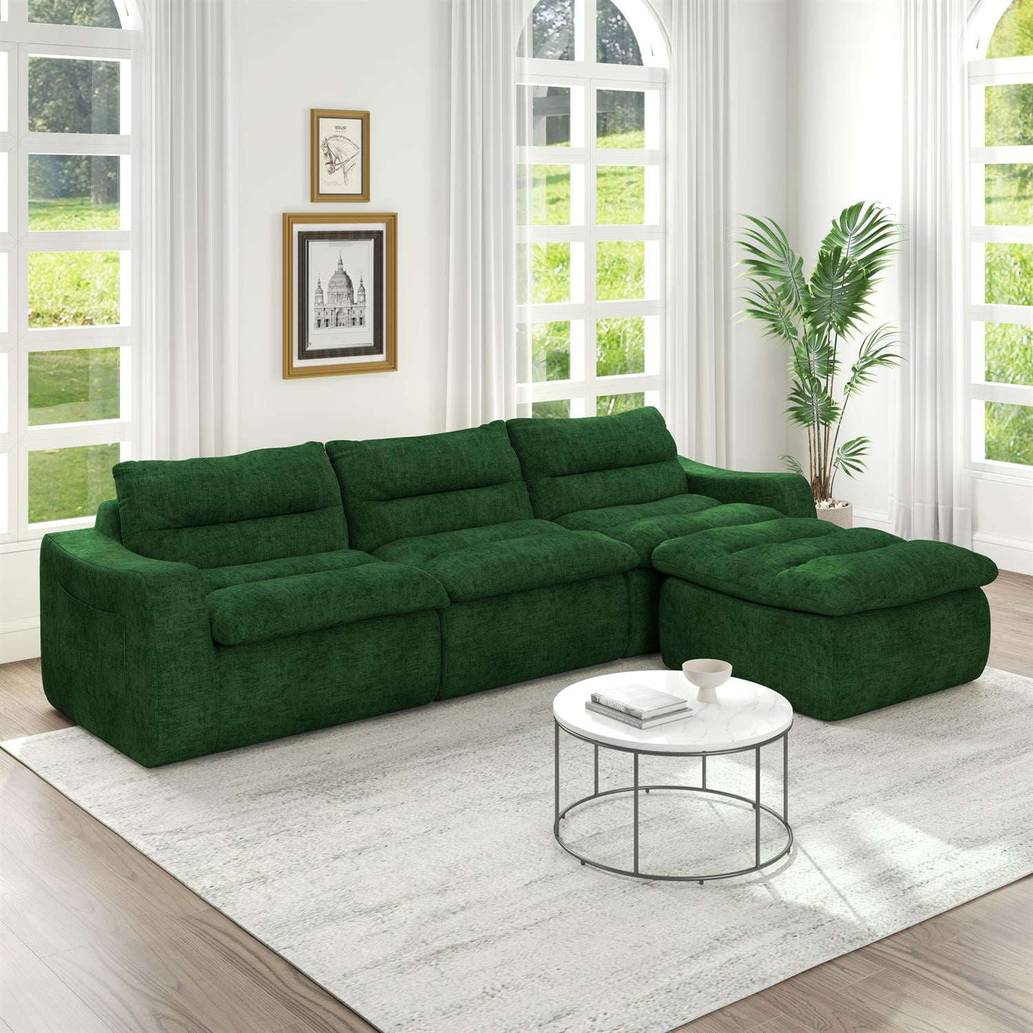 Demi Bonn 116" Modern L-Shaped Modular Sofa, Comfortable Beanbag Style, Stylish Lazy Couch for Living Rooms and Relaxation, Green