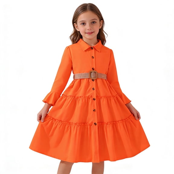 Vividxx Girls Dresses Kids Elegant Long Sleeve Lapel Shirt Dress with Belt for Fashion Casual and Formal Party Dress 8-9 Years