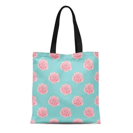 ASHLEIGH Canvas Bag Resuable Tote Grocery Shopping Bags Green Abstract Pink Rose on Blue Mint Teal Beautiful Beauty Bloom Blossom Color Tote