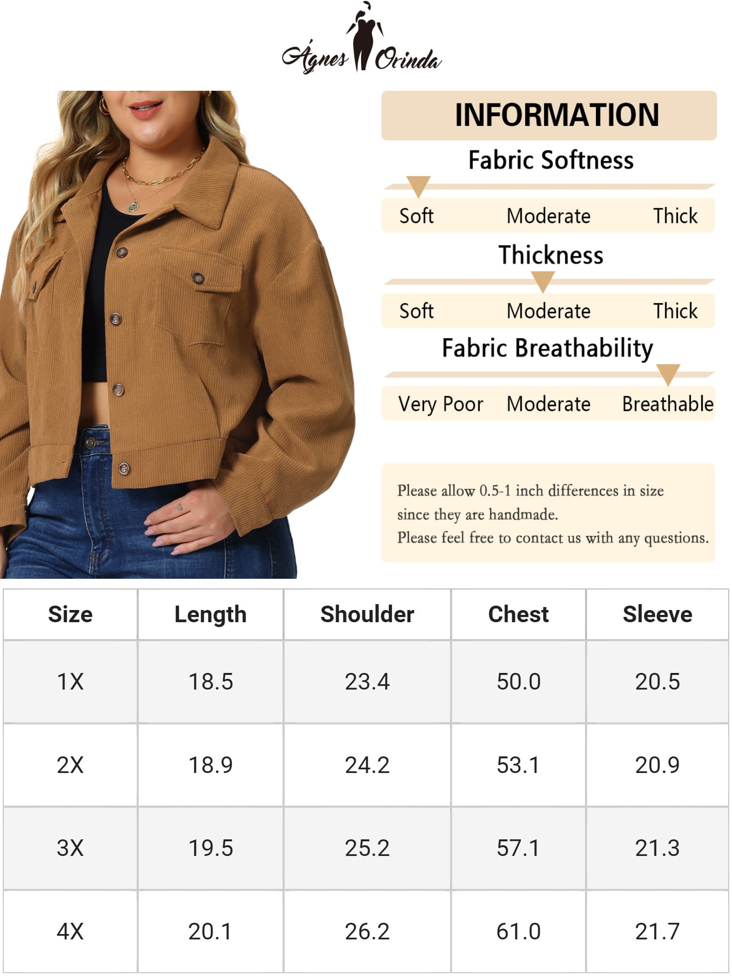 DARING DIVA Women's Plus Size Button Down Long Sleeve Shacket Jacket 2X Brown