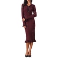 thumbnail image 2 of INSPIRE CHIC Women's Long Sleeve Sweater Dress Contrast Trim Ruffled Fall Winter Ribbed Knit Bodycon Dresses M Burgundy, 2 of 5