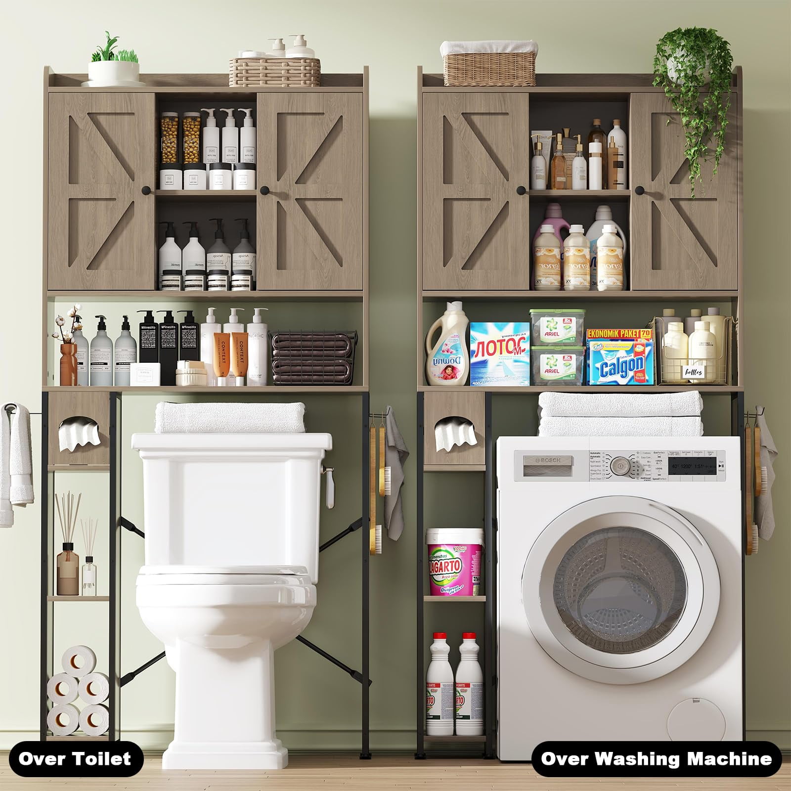 POAO Over the Toilet Storage Cabinet with Metal Frame &7 Storage Shelves,Bathroom Storage Organizer with Adjustable Shelves &Paper Holder,Oak Grey