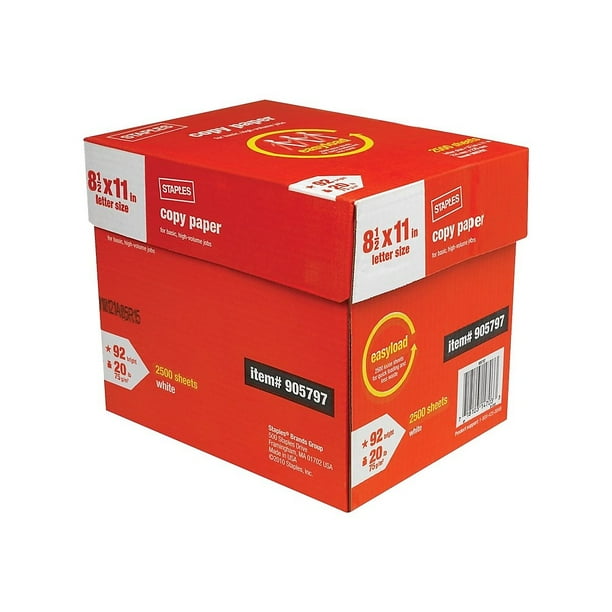 Staples 8.5" x 11" Copy Paper 20 lbs 92 Brightness 2500/Carton (20587
