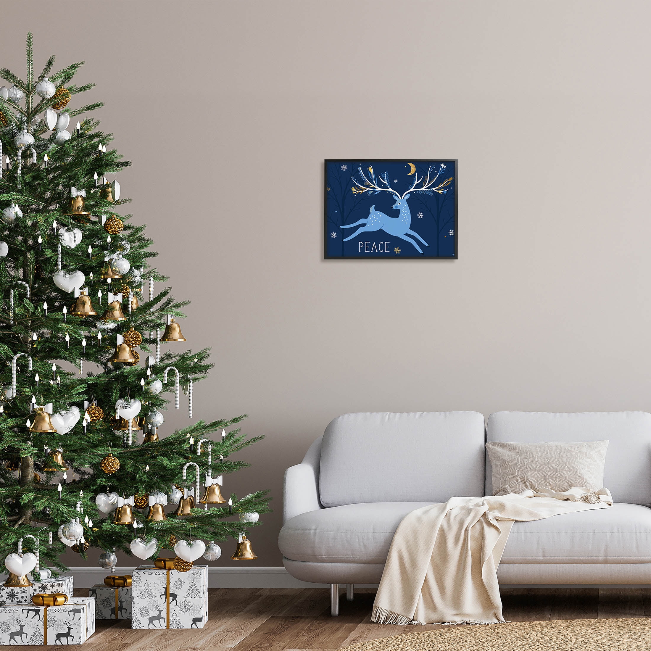 Peace Jumping Deer Snowflakes Holiday Graphic Art Black Framed Art Print Wall Art