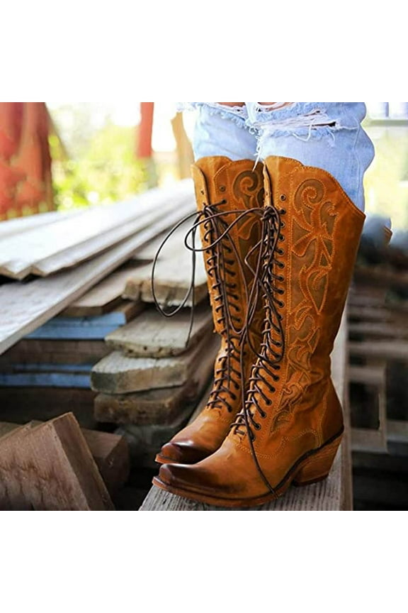 Clearance Large Size Thick Heel Solid Color Stitched Square Toe Front Lace-up High Boots