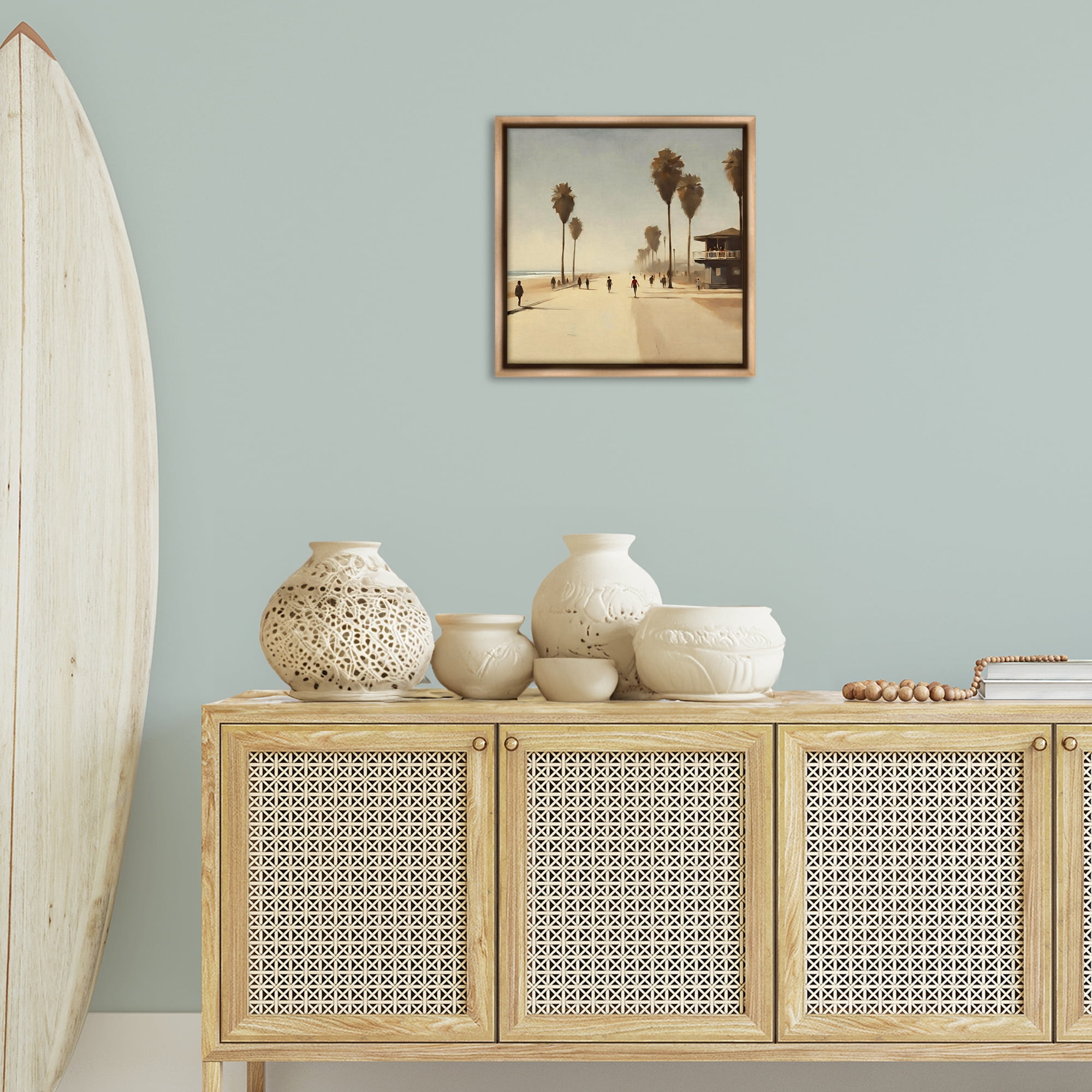 Stupell Industries Tropical Beachside Track Landscape & Nature Painting Brown Floater Framed Canvas Art Print Wall Art, 18 x 18