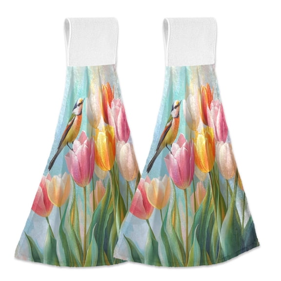 Haosy 2 Pack Kitchen Wash Cloths with Hanging Loops Absorbent Absorbent Quick Drying Hand Towels, Watercolor Bird Tulip