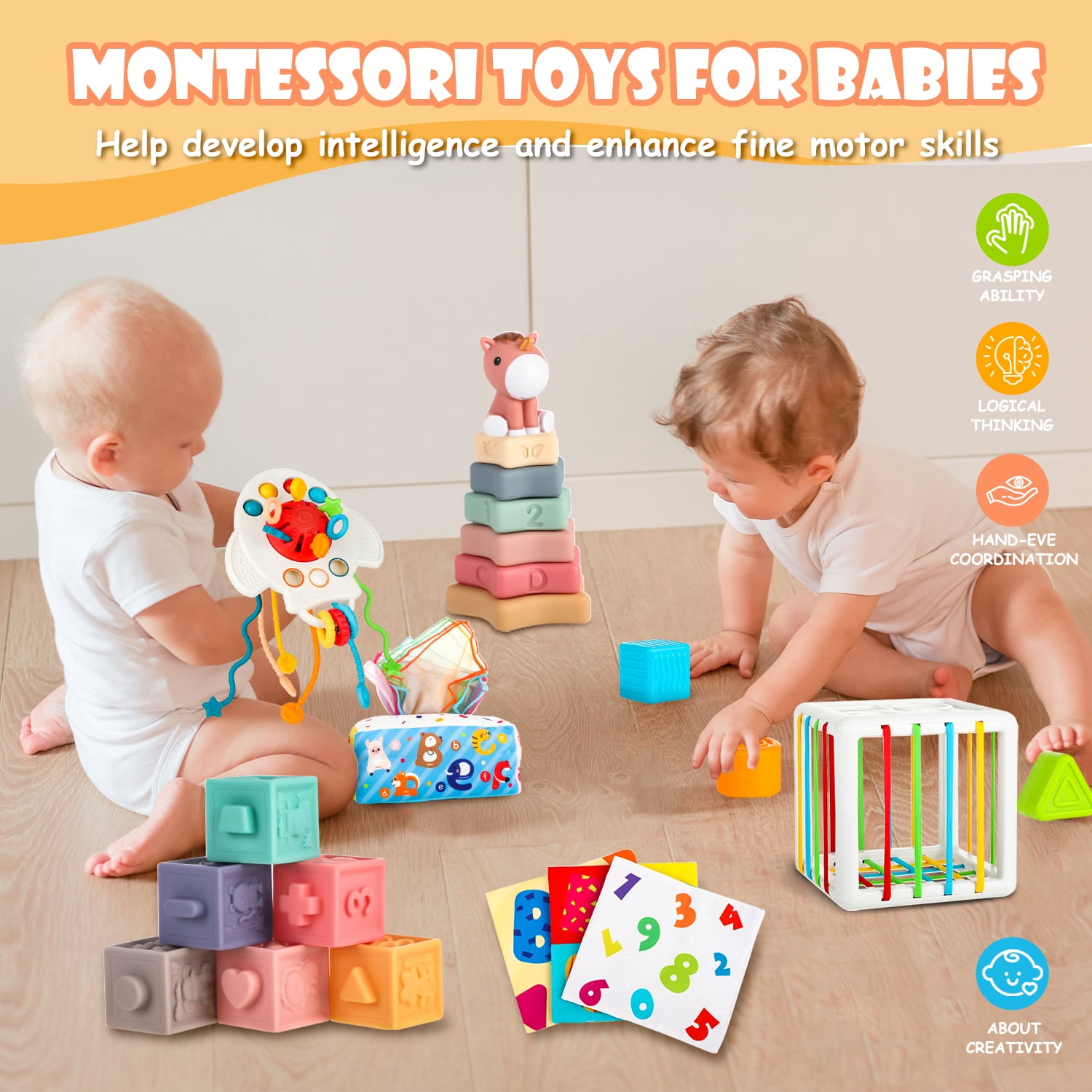 UQN Montessori Toys for 1 2 Year Old, 6 in 1 Baby Toys for 6-12-18 Months, Infant Sensory Toy Set , Shape Sorter and Activity Toys, Learning Gifts for Baby Boys Girls,Christmas Birthday Gift