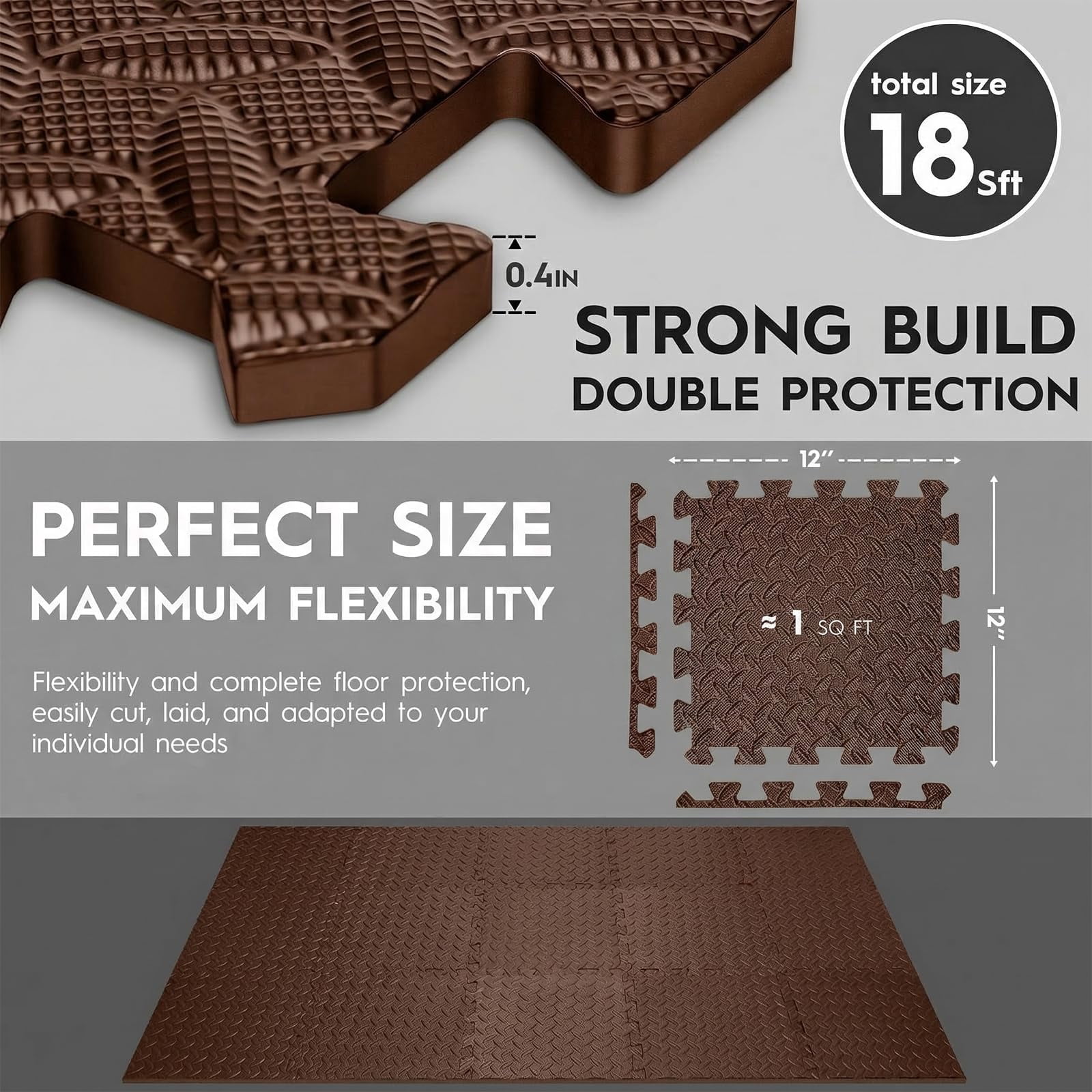18 Tiles Puzzle Exercise Mat, EVA Interlocking Foam Floor Tiles, Non-Slip, Protective, Water-Resistant Flooring for Home Gym & Workout Equipment, 12.6" x 12.6" x 0.4", 18 Sq Ft