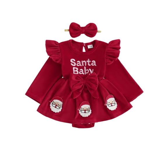 Newborn Baby Girl Christmas Outfits Letter Santa Claus Embroidery Long Sleeve Romper Dress Ribbed Bodysuit With Bow Headband 0-18 Months 2Pcs Christmas Clothes Set