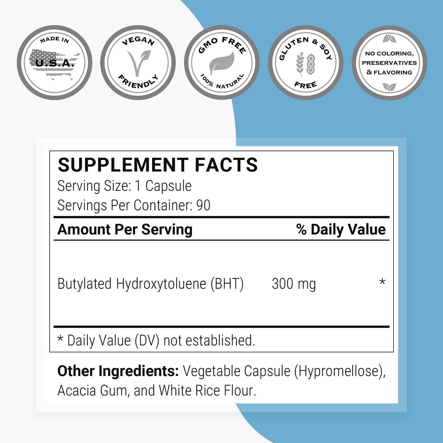 SuperSmart BHT Supplement 300mg per Day - Butylated Hydroxytoluene | Non-GMO & Gluten Free - 90 Vegetarian Capsules