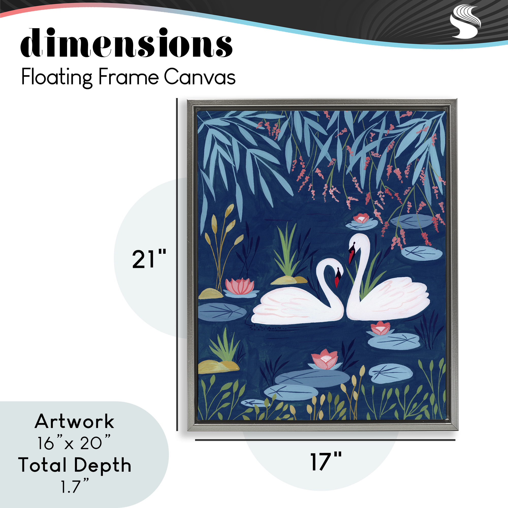 Swan Pair on Blue Pond Gray Framed Floater Canvas Wall Art, design by Nabeela Rumi