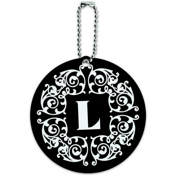 Letter L Initial Black White Scrolls Round Luggage ID Tag Card for Suitcase or Carry-On