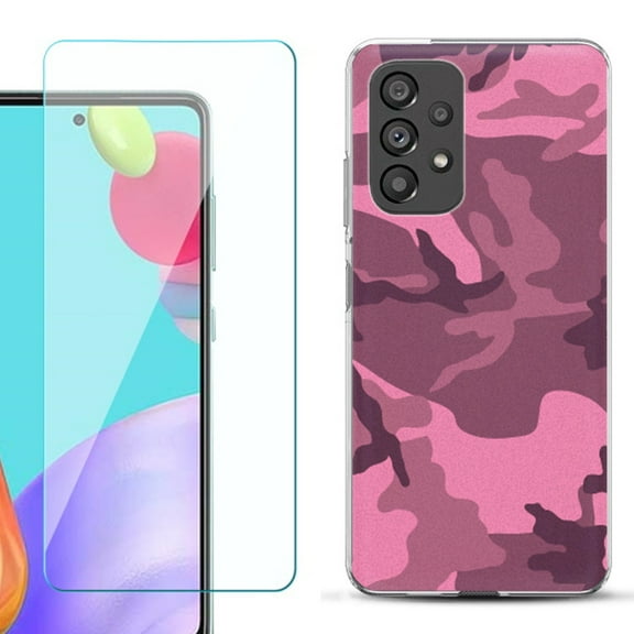 Slim-Fit Fashion Phone Case for Samsung Galaxy A53 5G, with Tempered Glass Screen Protector, by OneToughShield ® - Camo Pink