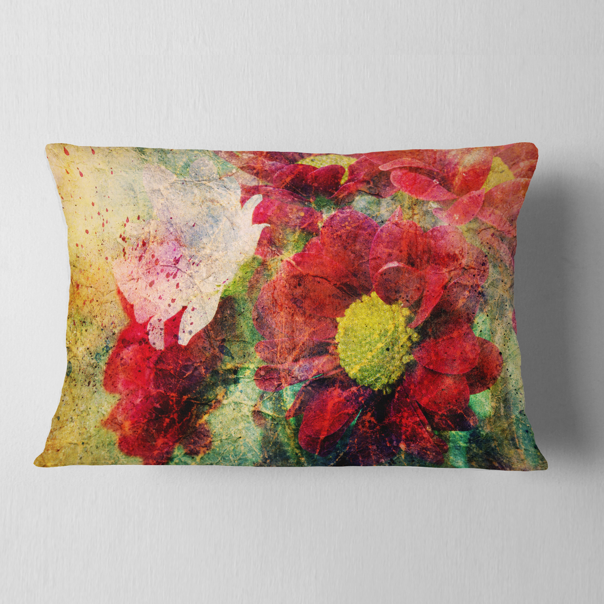 Designart Red Flowers and Watercolor Splashes - Flower Throw Pillow - 12x20